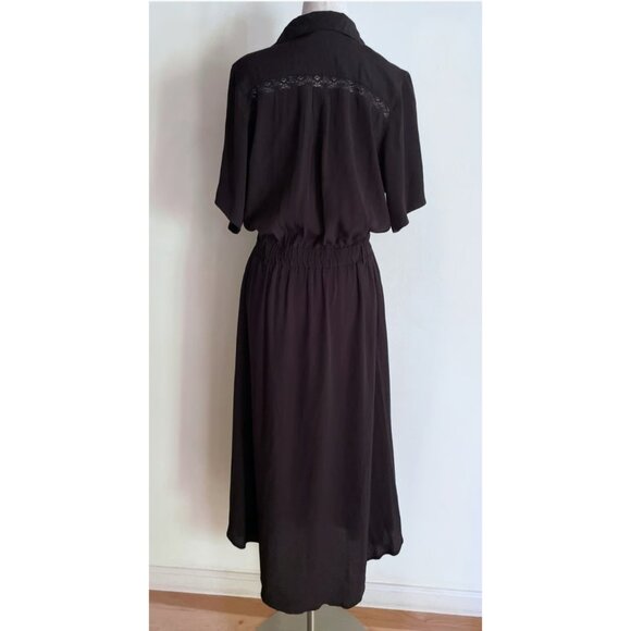 Aura The Label Genevieve Black Lattice Lace Deep V Neckline Midi Dress L - Picture 7 of 15